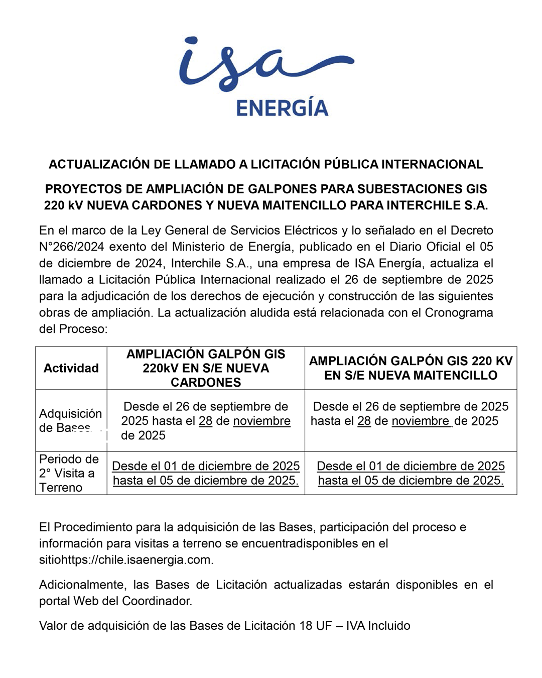 Actualización cronograma de licitación